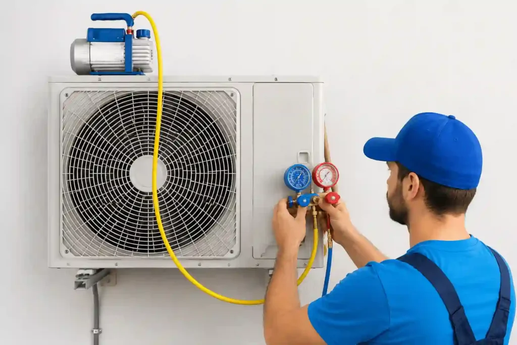 Technician performing AC gas refilling service on a split AC outdoor unit in Al Jasr.