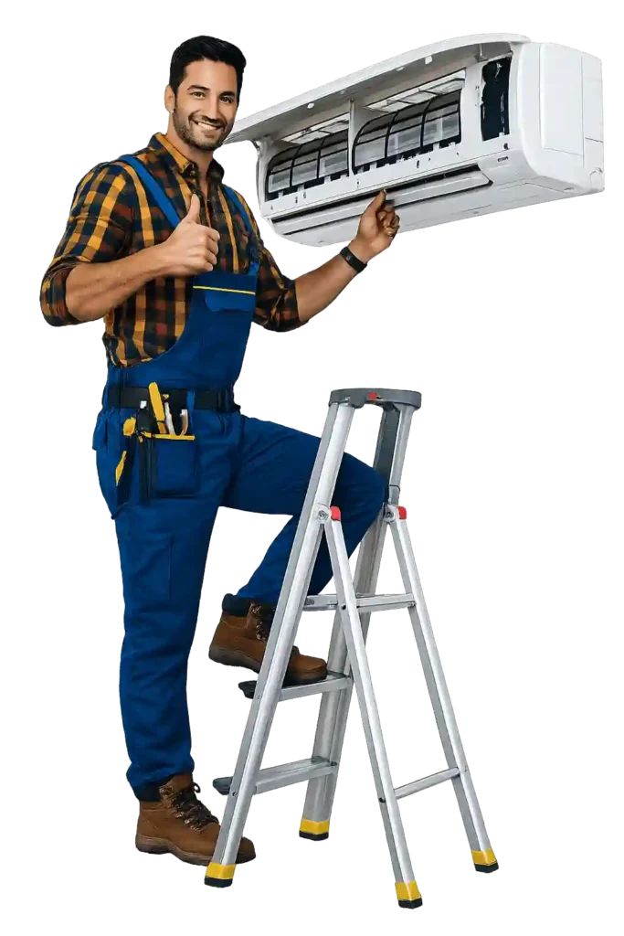 Professional AC technician inspecting an air conditioner during AC gas refilling services in Al Hamra.