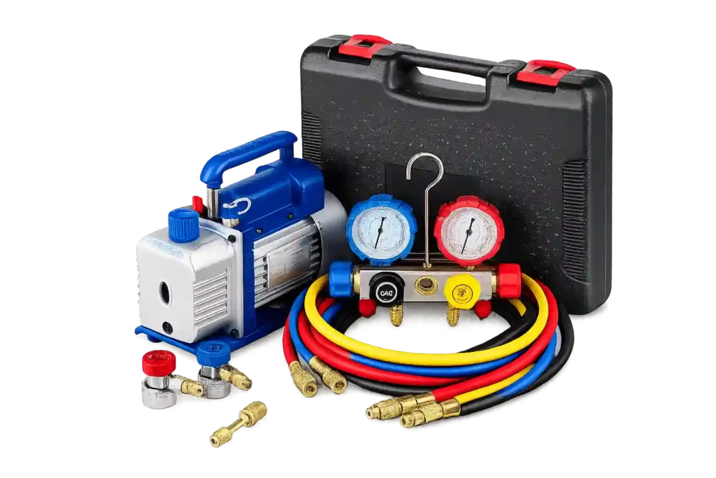 AC manifold gauge kit and vacuum pump used for AC gas refilling services in Al Hamra.