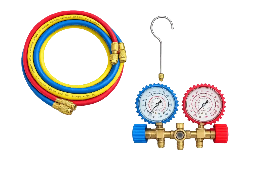 HVAC manifold gauge set with charging hoses used for refrigerant pressure testing and AC servicing.