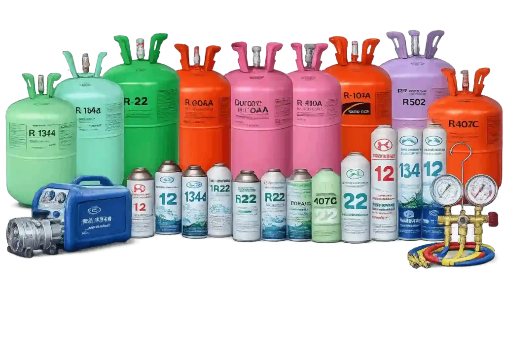 Refrigerant gas cylinders and AC refill equipment used for AC gas refilling services in Al Hamra.