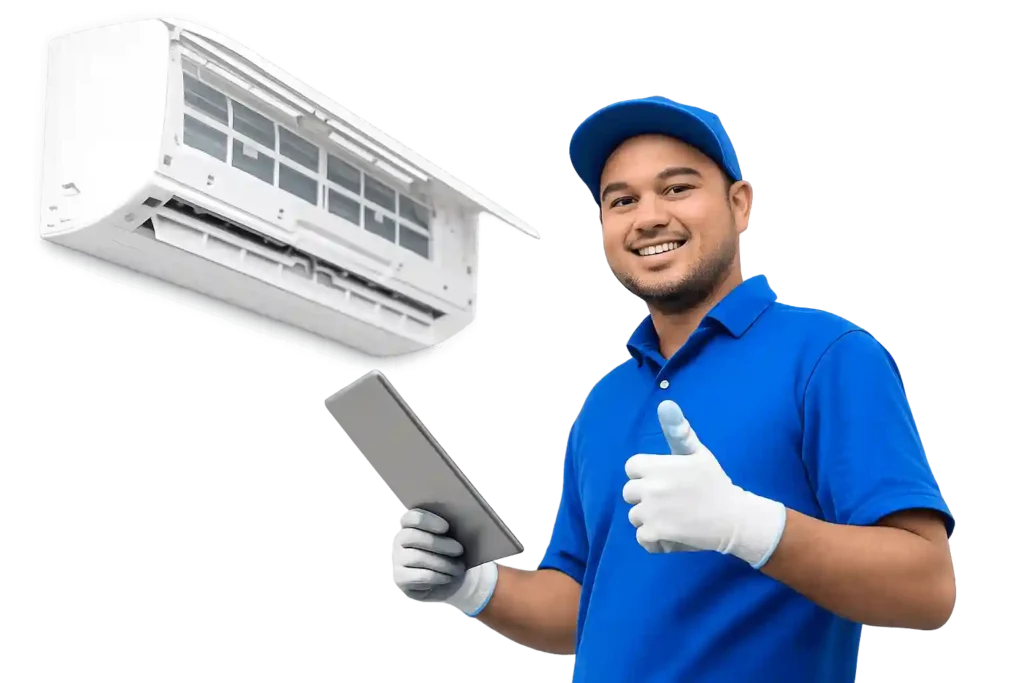 Professional technician inspecting a split air conditioner for AC Repair Services in Saudi Arabia.