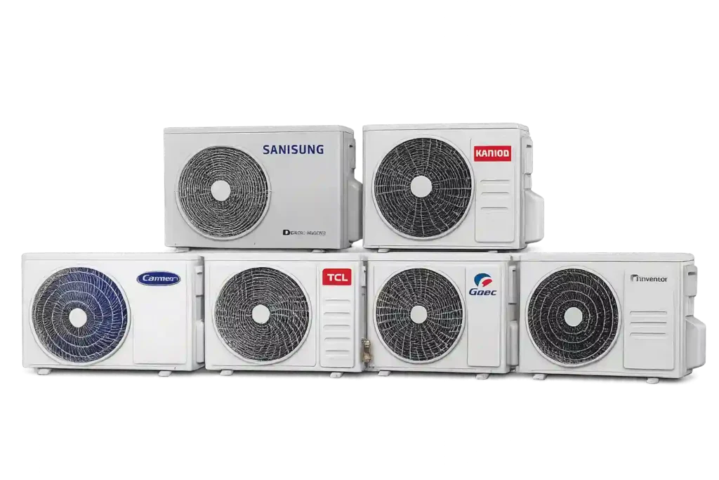 Multiple outdoor air conditioner condenser units arranged for cooling system applications.