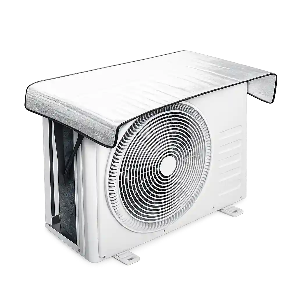 Outdoor air conditioner unit with protective cover for enhanced durability and AC Repair Services in Saudi Arabia.