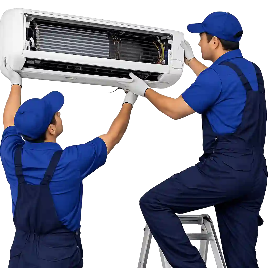 Technicians performing maintenance on a wall mounted split air conditioner.