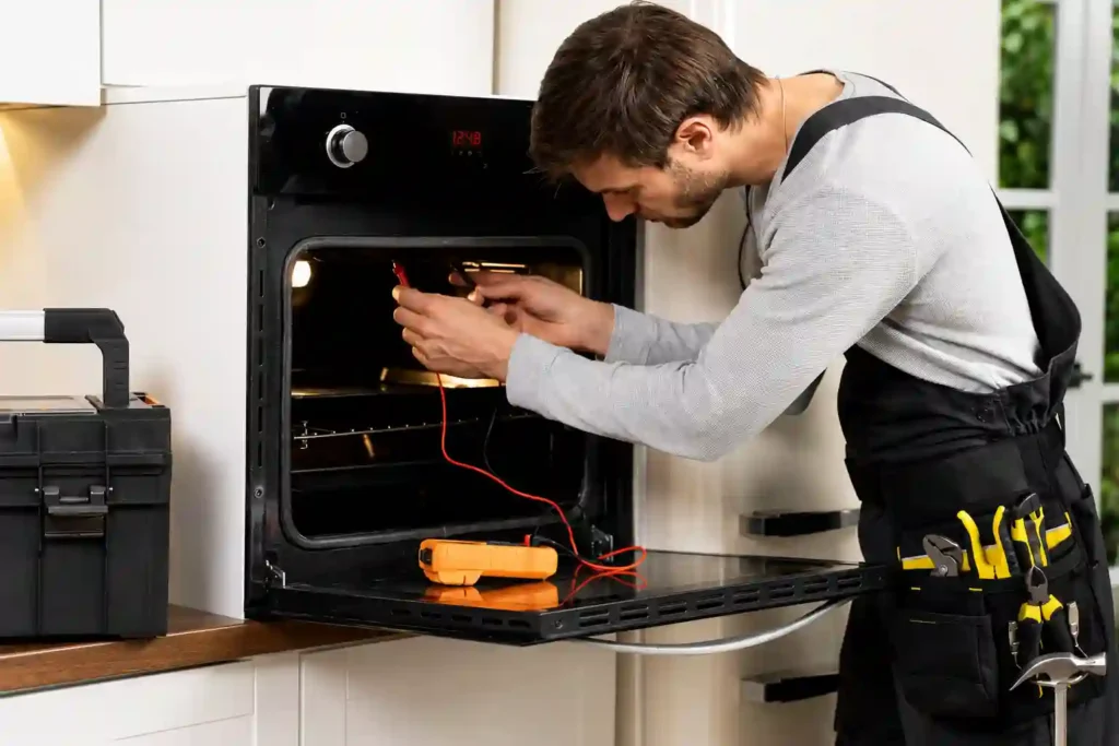 Technician performing oven repair in Saudi Arabia using diagnostic tools.