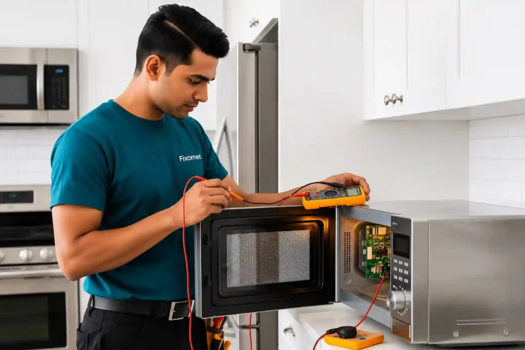 Technician testing microwave electronic components.