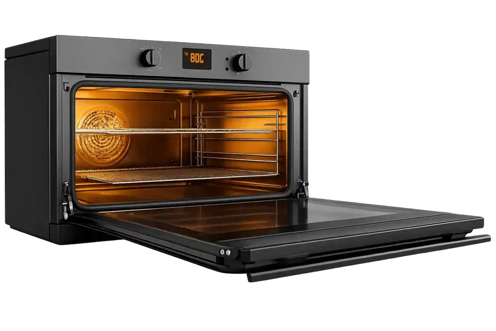 Modern electric oven with open door for oven repair in Saudi Arabia services.