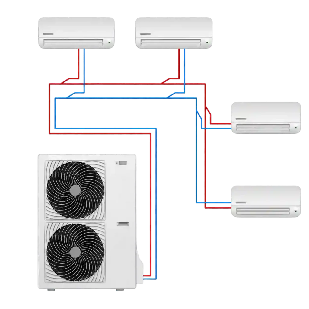 Multi-split air conditioning system diagram showing one outdoor unit connected to multiple indoor units for air conditioning installation in Saudi Arabia.