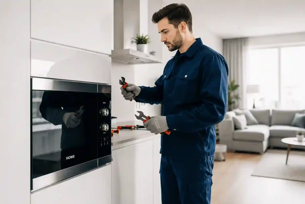 Professional technician performing oven repair in Saudi Arabia at a residential kitchen .