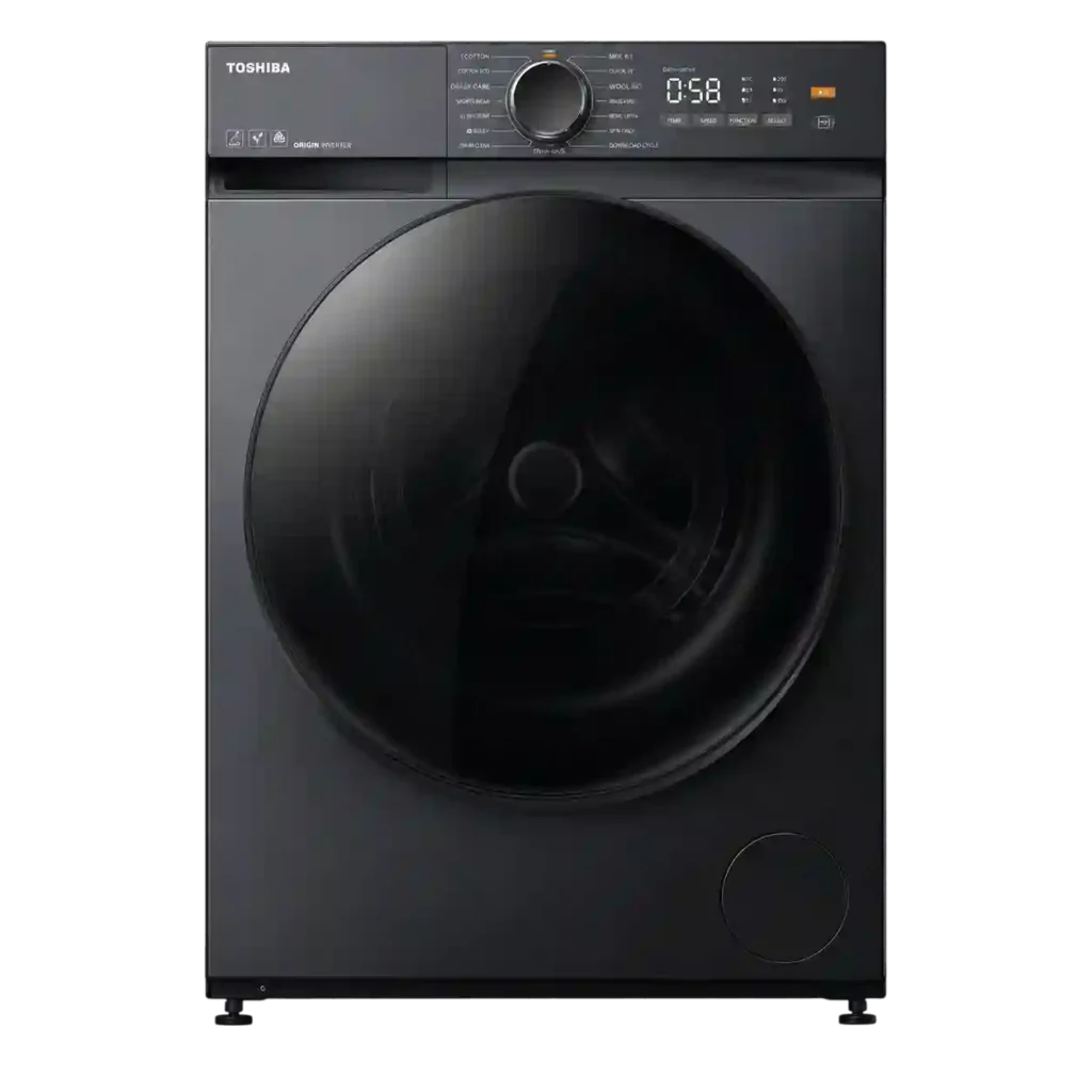 Premium black front-load washing machine with digital control panel.