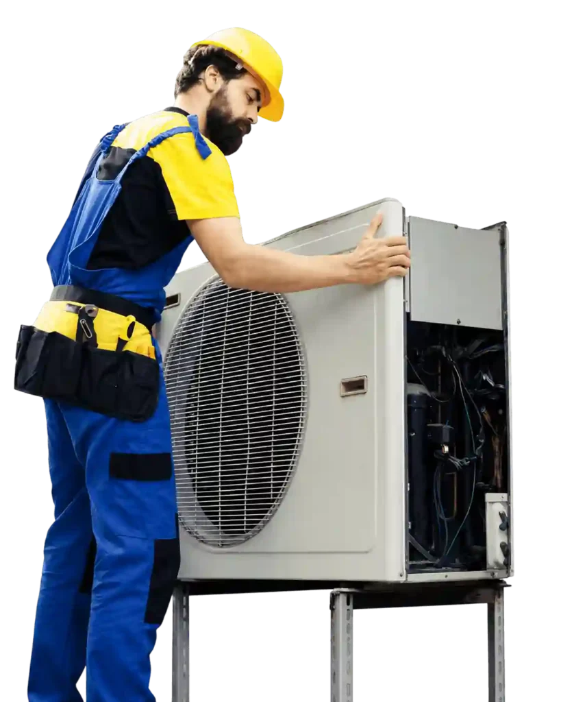 Professional AC technician inspecting an outdoor air conditioning unit.