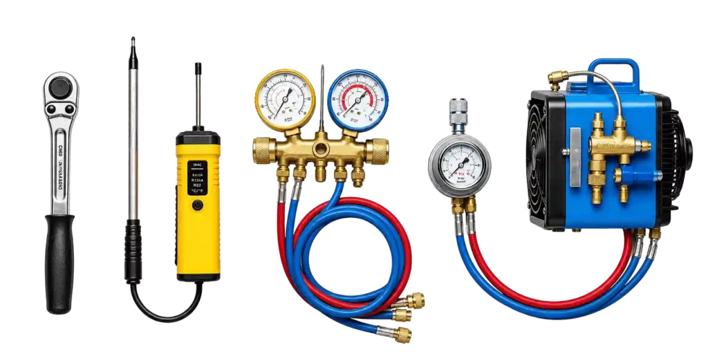 HVAC manifold gauges, vacuum pump and hand tools used for professional AC installation.