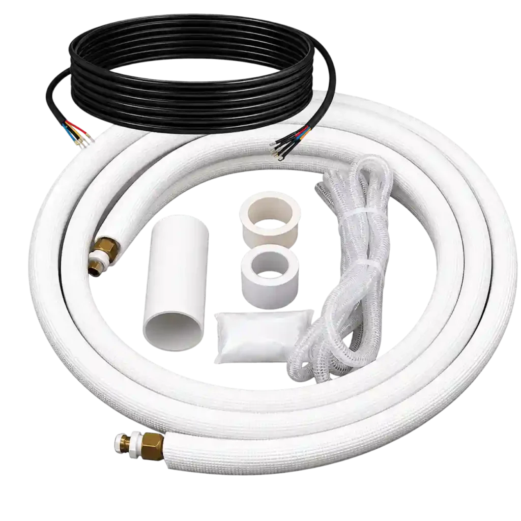 Split AC installation kit with insulated pipes, drainage hose and electrical cable.