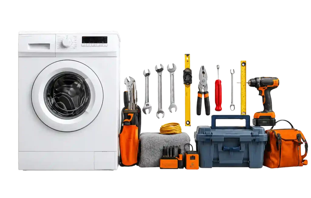 Front load washing machine with professional repair tools and equipment .
