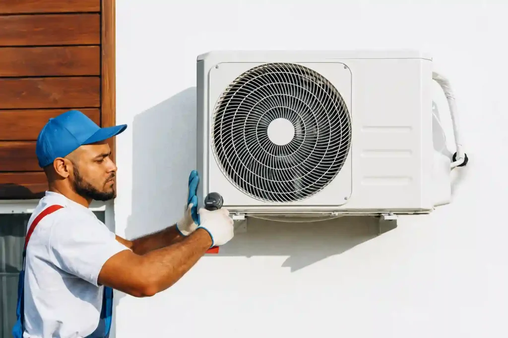 Technician installing an outdoor air conditioning condenser unit.