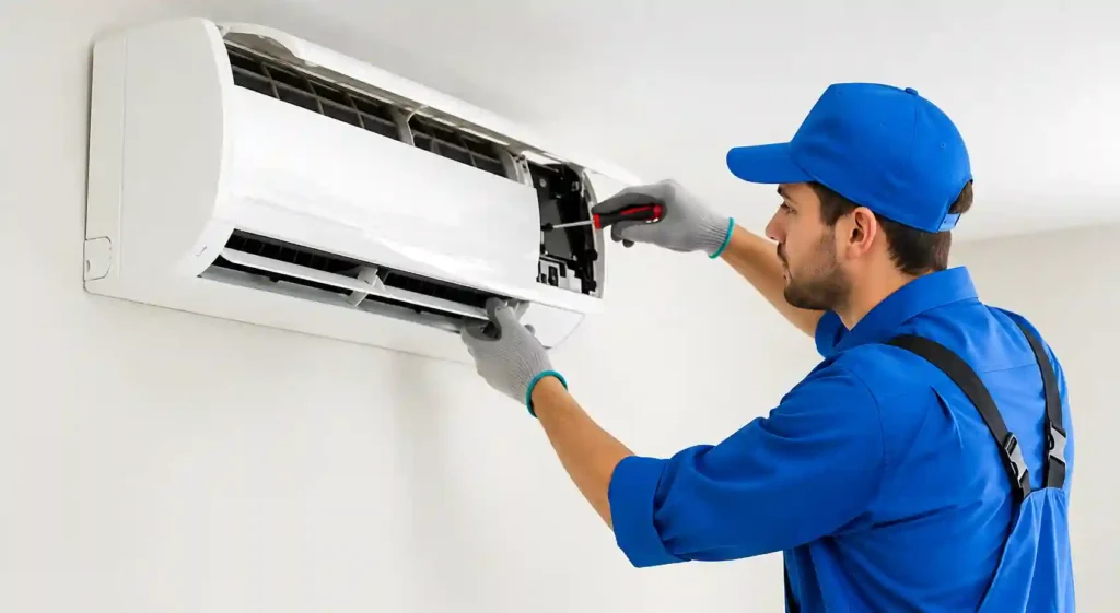Professional HVAC technician servicing a wall-mounted split air conditioner.