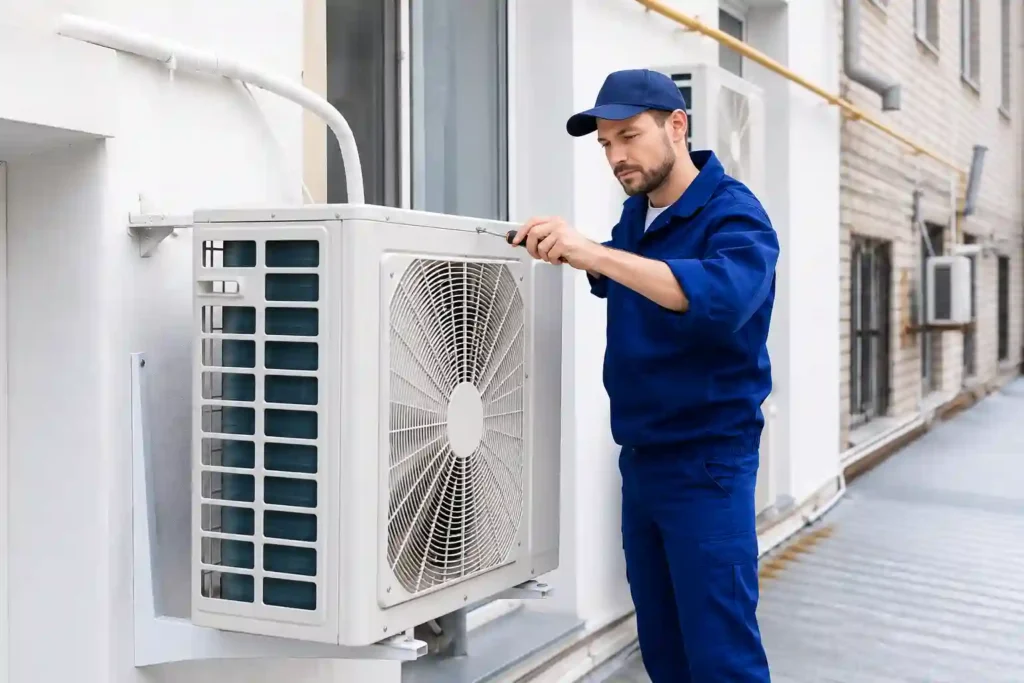 Technician performing Air Conditioning Installation in Saudi Arabia on an outdoor condenser..